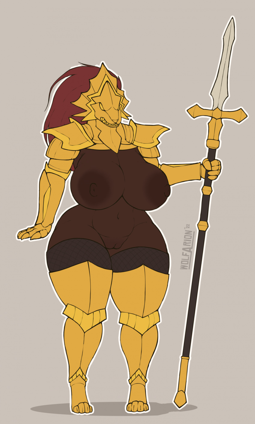 absurd_res anthro armor artist_name big_breasts breasts clothed clothing dark_souls digitigrade dragon_slayer_ornstein female fromsoftware genderswap_(mtf) genitals headgear helmet hi_res humanoid melee_weapon navel nipples nude partially_clothed pussy rule_63 simple_background solo thick_thighs weapon wolfarion