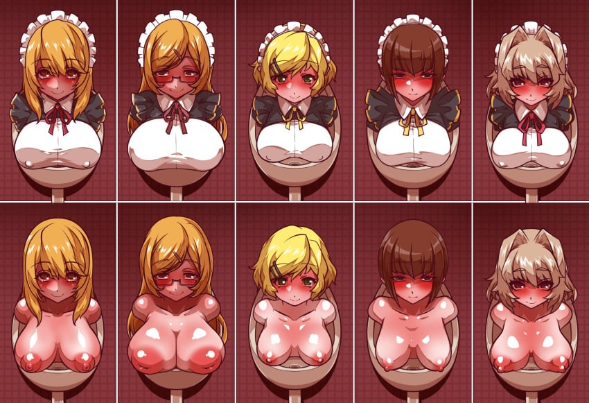 5girls big_breasts blonde_hair blue_eyes blush brown_hair cixous_(overlord) cum_dump expressionless female female_only fith_(overlord) foire_(overlord) glasses human_urinal humiliation increment_(overlord) inverted_nipples light-skinned_female long_hair lumiere_(overlord) maid maid_headdress maid_uniform meat_toilet medium_breasts multiple_girls nude overlord_(maruyama) public_humiliation public_nudity public_restroom public_use short_hair small_breasts smile stuck stuck_in_urinal stuck_in_wall toilet urinal wanaata