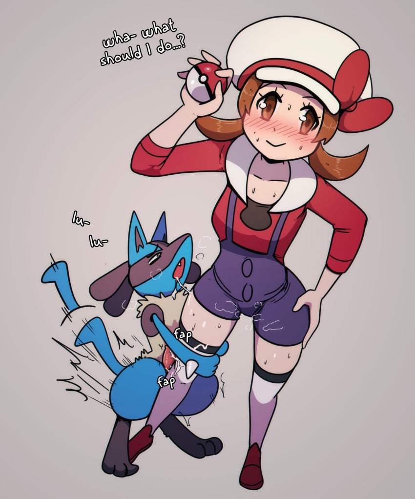 1boy 1girls animal_penis blush brown_eyes brown_hair canine_penis dialogue drooling english_text eyes_mostly_closed female feral hand_on_hip hasselnut hat heavy_blush hi_res humping_leg leg_grab legwear looking_at_viewer lucario lyra_(pokemon) male motion_lines nintendo open_mouth penis pokeball pokemon pokemon_(species) pokemon_hgss saliva saliva_trail size_difference smiling smiling_at_viewer viewed_from_above wolfgang_bang