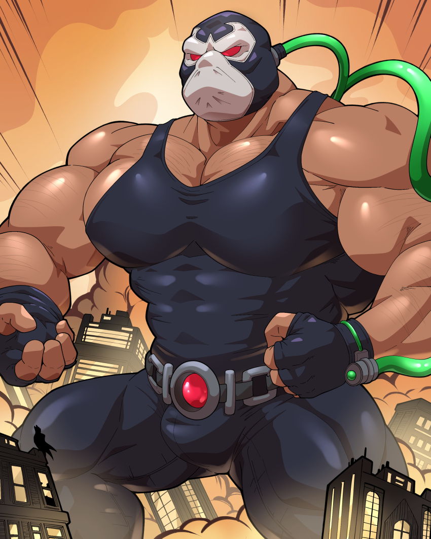 antagonist bane batman_(series) big_arms big_breasts big_muscles big_penis cum cum_everywhere dc_comics giant harley_quinn_(series) macro maldu male male_only mask masturbation muscles muscular muscular_male red_eyes solo steroids villain