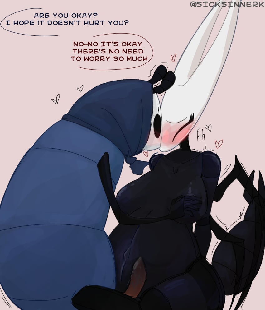 1boy anthro arthropod arthropod_abdomen arthropod_abdomen_genitalia blush female hollow_knight hornet_(hollow_knight) insects inside_view love male/female mask precum pregnant pregnant_female pregnant_sex quirrel sicksinner_(artist)