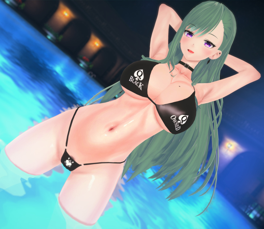 1girls 3d armpits belly_button big_breasts bikini black_bikini eyebrows_visible_through_hair female female_only green_hair koikatsu large_breasts light-skinned_female light_skin pool purple_eyes queen_of_spades raceplay ranbunekomusou solo virtual_youtuber vspo! water yakumo_beni