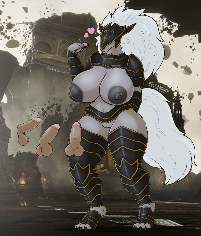 anthro armor artist_name balls big_breasts breasts canid canine canis claws clothed clothing digitigrade disembodied_penis elden_ring female fromsoftware fur genderswap_(mtf) genitals hair headgear heart helmet hi_res humanoid_genitalia humanoid_penis imminent_sex male maliketh_the_black_blade mammal navel nipple_piercing nipples partially_clothed penis piercing pussy rule_63 skimpy thick_thighs unconvincing_armor wide_hips wolf wolfarion