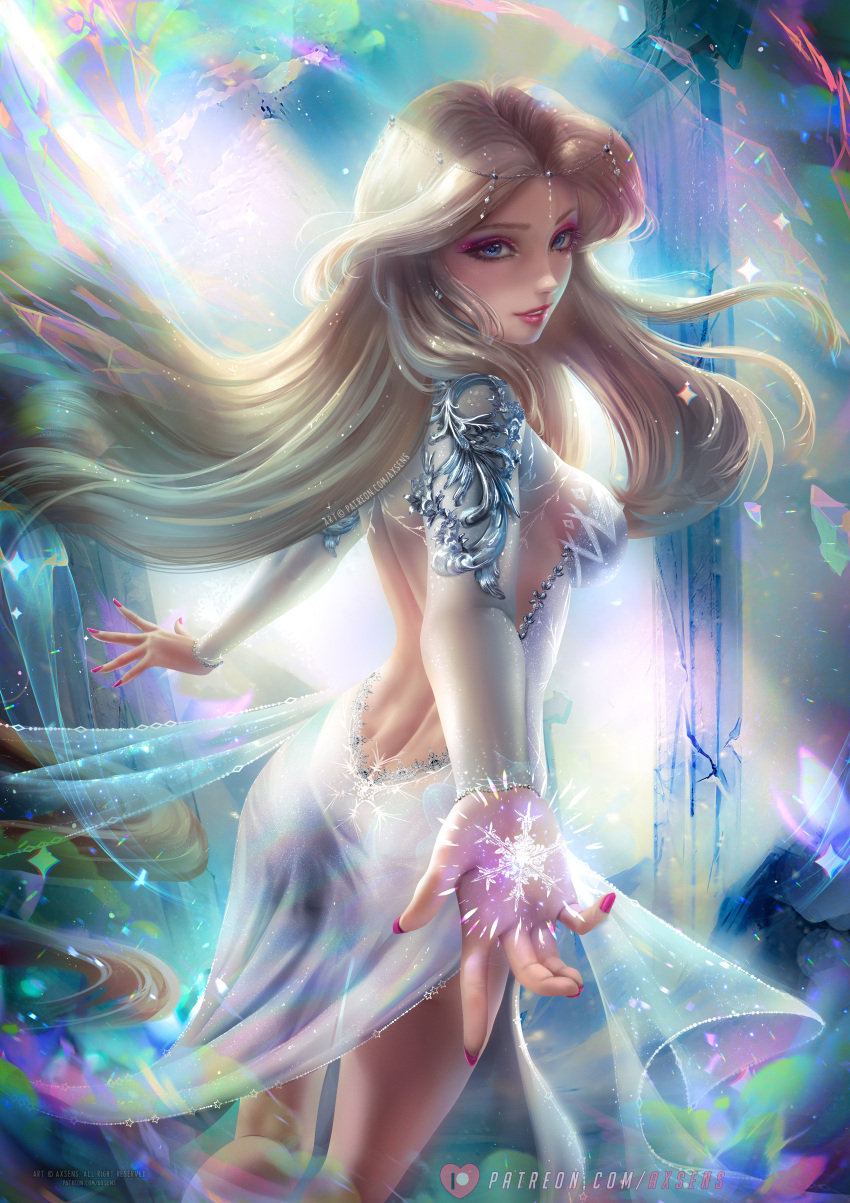 1girls absurd_res absurdres axsens back_view backside big_breasts blonde_hair blue_eyes breasts clothed clothed_female clothing disney dress elsa_(frozen) female female_focus female_only fingernails frost frozen_(film) high_resolution highres large_breasts large_filesize light-skinned_female light_skin long_hair looking_at_viewer looking_back looking_back_at_viewer magic magic_user magical_girl nail_polish parted_lips red_lips red_lipstick red_nail_polish red_nails sideboob snow snowflake very_high_resolution white_clothes white_clothing white_dress