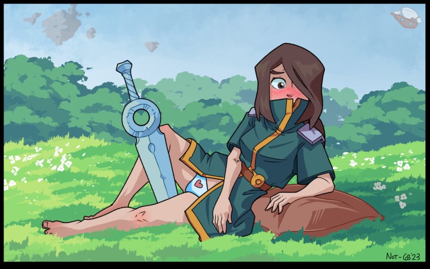 brown_eyes brown_hair captaincob coat embarrassed female female_only grass lying_on_side panties sword vernal_edge