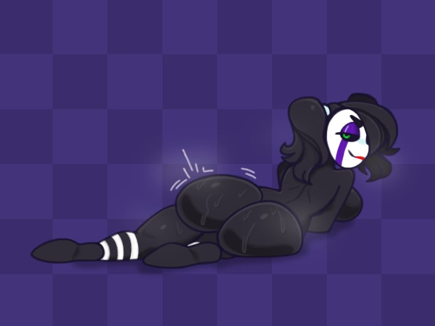 ass big_ass big_butt black_body black_hair crushtrap female five_nights_at_freddy's five_nights_at_freddy's_2 laying_down looking_at_viewer looking_back marionette_(fnaf) puppet_(fnaf) purple_background smiling smiling_at_viewer steam steaming_body sweat