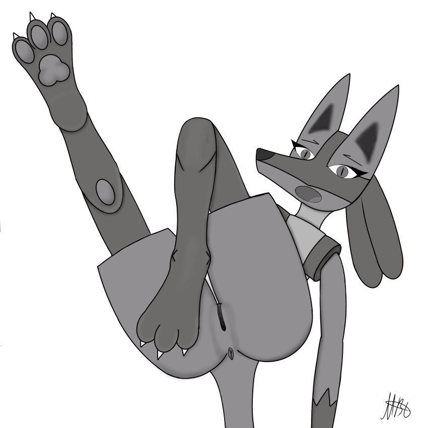 absurd_res anthro anus ass feet female generation_4_pokemon genitals hi_res humanoid looking_at_viewer lucario megabrainless nintendo pokemon pokemon_(species) pussy solo tail toes