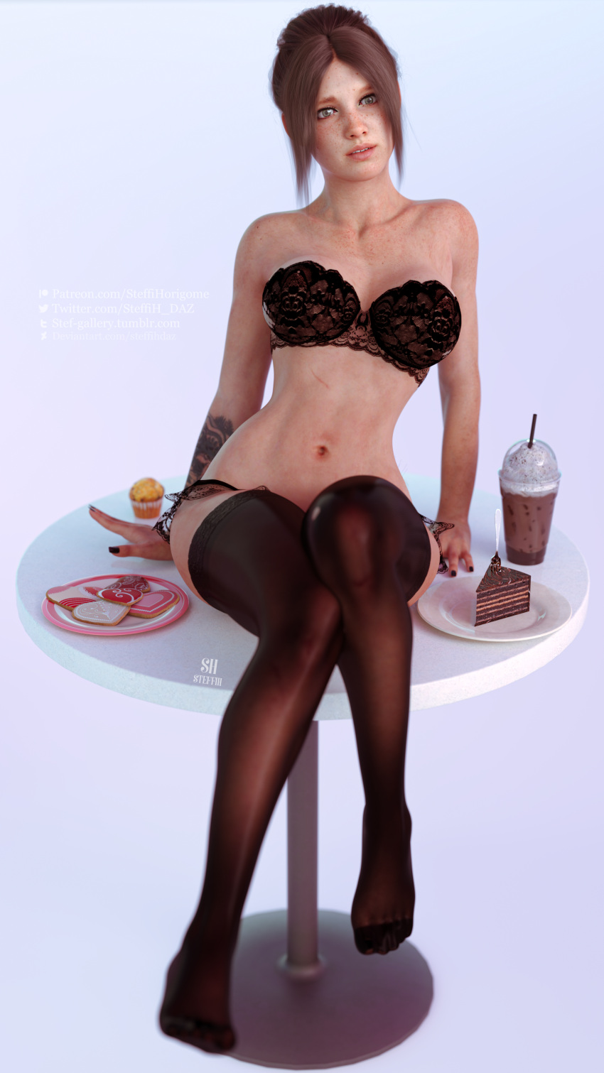 1girls 3d 3d_(artwork) absurd_res absurdres alternate_breast_size alternate_hairstyle arm_tattoo bare_arms bare_midriff bare_shoulders bare_thighs bra bracelet brown_hair collarbone ellie_(the_last_of_us) ellie_williams female female_focus female_only freckles green_eyes hi_res highres lace lace-trimmed_bra lace-trimmed_legwear lace-trimmed_panties lace-trimmed_thighhighs lace_trim lingerie looking_at_viewer medium_breasts medium_hair midriff naughty_dog panties playstation simple_background sitting sitting_on_table slim_waist solo solo_female solo_focus sony_interactive_entertainment steffih_daz stockings table tattoo tattoo_on_arm tattooed_arm the_last_of_us the_last_of_us_2 thighhighs thong tied_hair toned_female toned_stomach underwear white_background