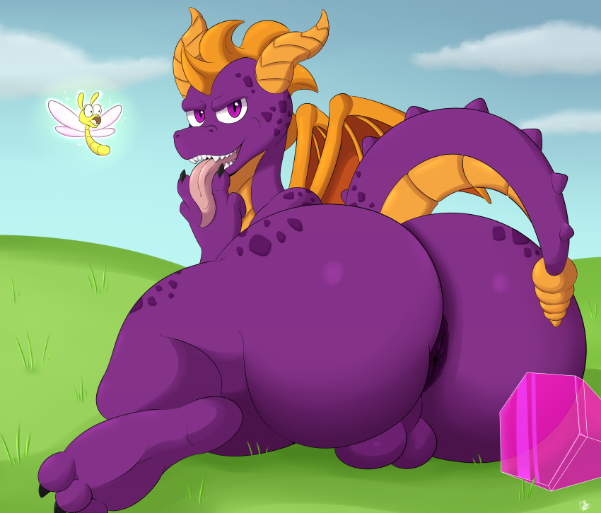 absurd_res activision anthro anus arthropod ass balls big_butt coffee_demon cunnilingus_gesture dragon dragonfly field genitals gesture hi_res horn huge_butt insects male_only presenting presenting_anus presenting_hindquarters purple_body purple_eyes scalie solo sparx spyro spyro_the_dragon tail tongue tongue_out wings