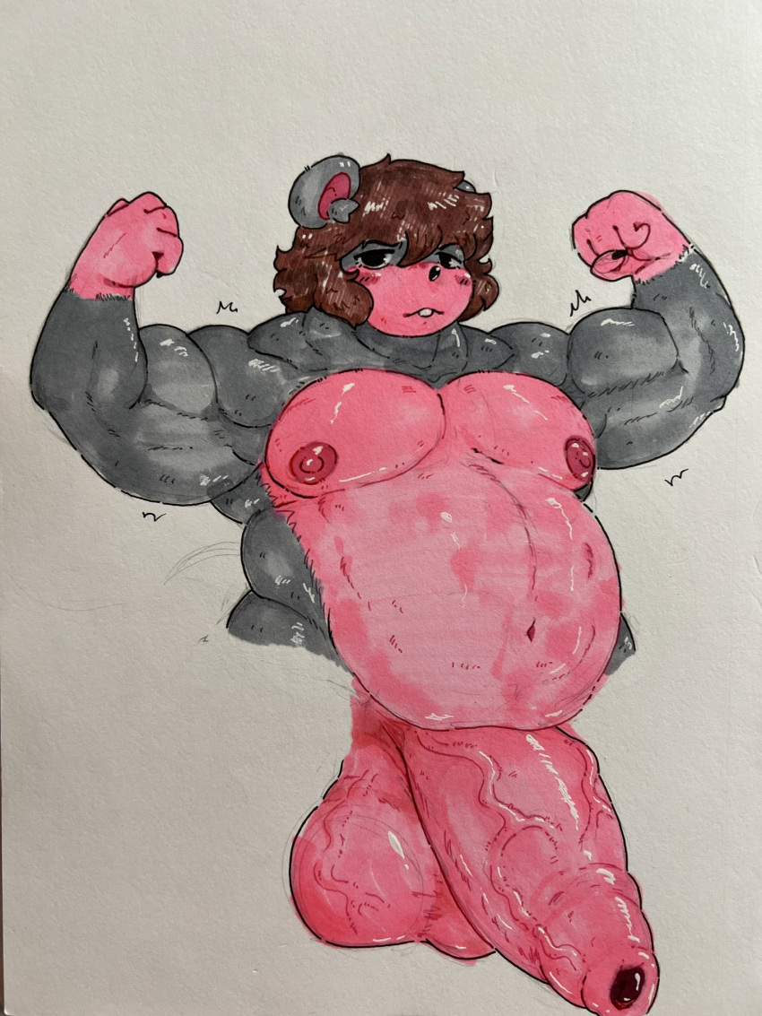 animal_humanoid anthro big_penis black_eyes black_nose flexing foreskin fur genitals grey_body grey_fur hi_res huge_cock humanoid hyper hyper_genitalia hyper_penis ink khrunkisillegal male mammal mammal_humanoid marker_(artwork) murid murine musclegut muscular nipples penis pink_body pink_skin rat rodent rodent_humanoid roque_(khrunkisillegal) solo torso traditional_media_(artwork) vein veiny_penis