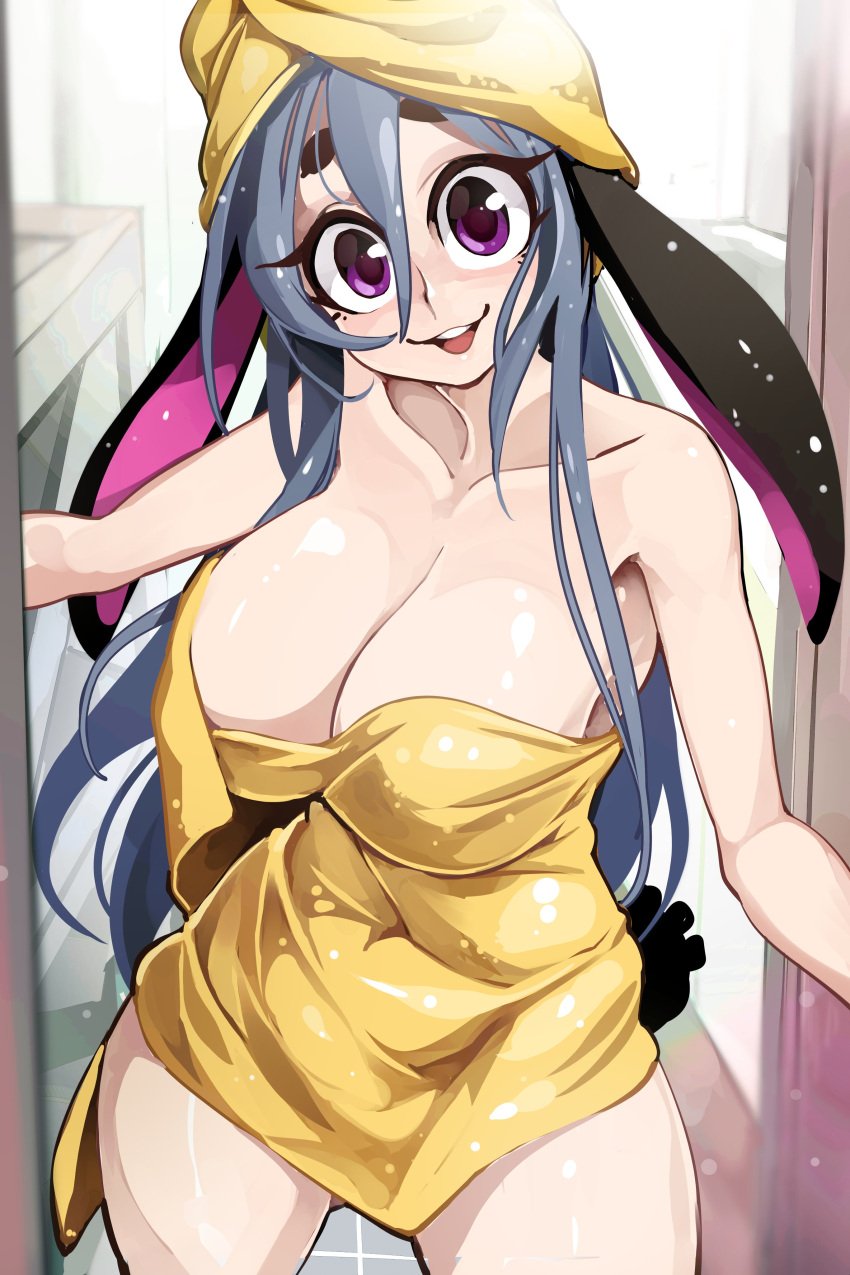 1girls absurd_res after_shower big_breasts bongfillstudent bunny_ears bunny_girl bunny_industry_(bongfillstudent) cleavage doorway female female_only grey_hair long_hair looking_at_viewer purple_eyes smiling smiling_at_viewer solo tank_bunny_(bongfillstudent) towel towel_on_head towel_wrap