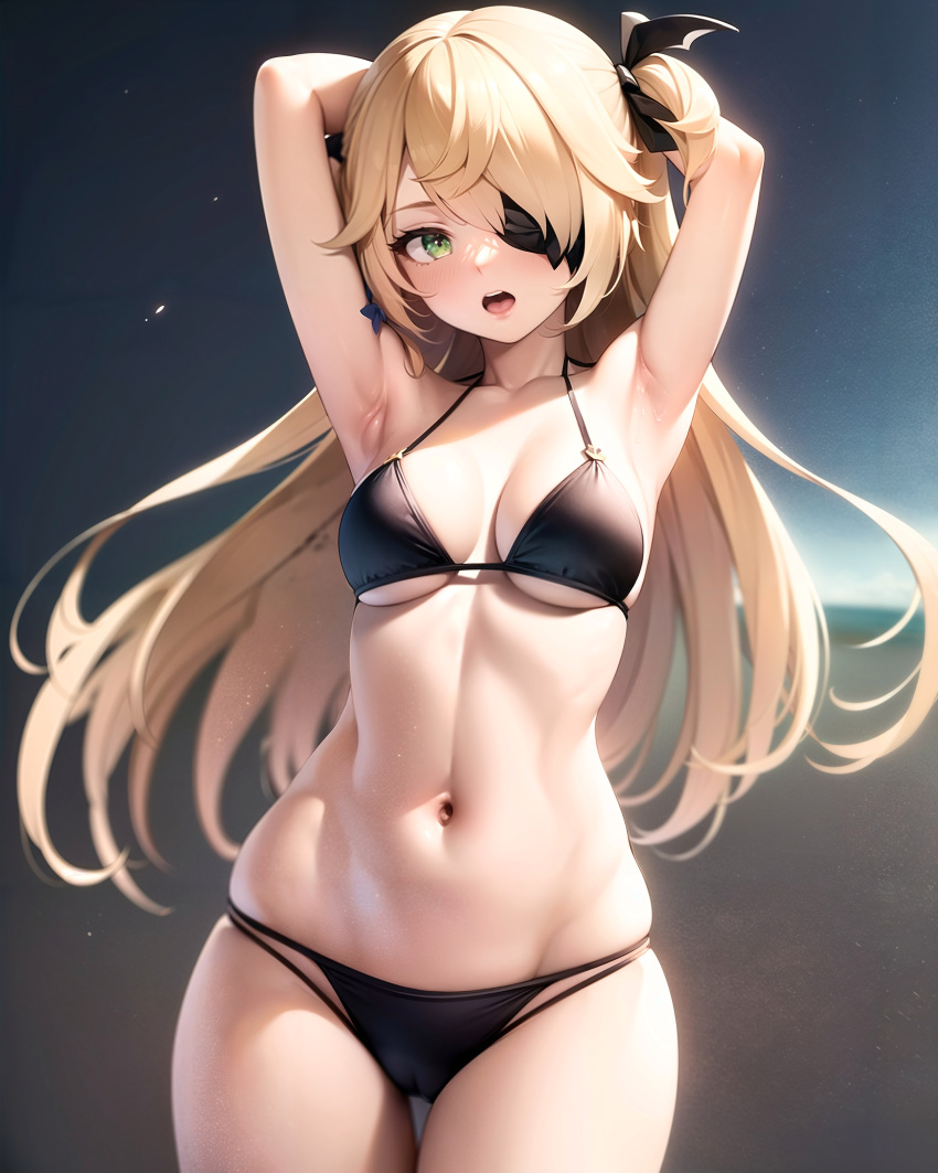 ai_generated armpits arms_behind_head arms_up bangs bare_arms bare_shoulders bikini black_bikini black_ribbon blonde_hair blush breasts cleavage collarbone cowboy_shot eyepatch female fischl_(genshin_impact) genshin_impact green_eyes hair_over_one_eye hair_ribbon halterneck long_hair looking_at_viewer medium_breasts multi-strapped_bikini navel o-ring oerba_yun_fang one_eye_covered open_mouth outdoors ribbon skindentation smile solo stable_diffusion standing stlow7 stomach string_bikini swimsuit thigh_gap thighs two_side_up very_long_hair