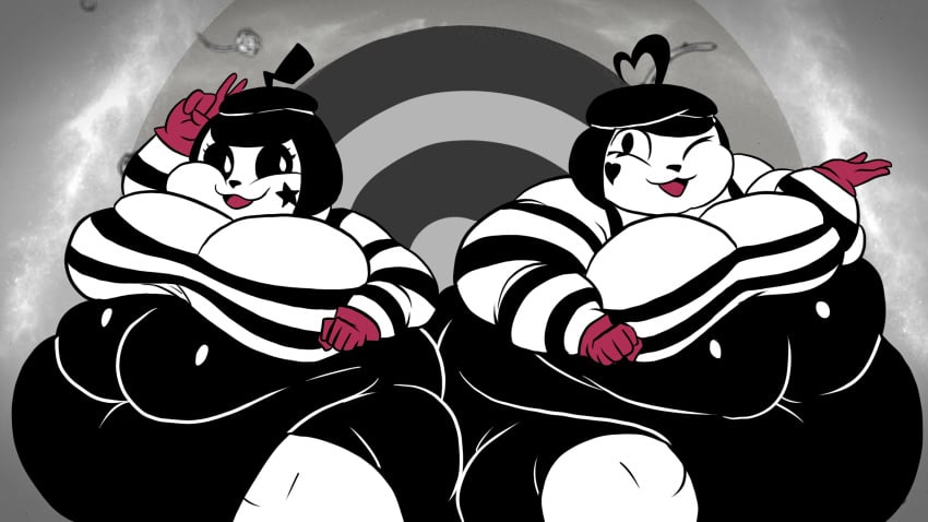 2girls awaiting bbw belly big_belly big_breasts bonbon_(derpixon) chubby chubby_female chuchu_(derpixon) fat fat_belly grey_background huge_breasts huge_butt imminent_sex looking_at_viewer mime mime_and_dash mime_girl multiple_girls obese obese_female oc overweight overweight_female prostitution roxas617 ssbbw thick_ass thick_thighs tight_clothing weight_gain wink