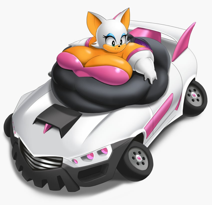 anthro ass bat bat_wings belly belly_overhang blue_eyeshadow breast broken_car car cleavage eishiban fat female female_focus female_only furry green_eyes hips large_ass large_breasts overweight overweight_female rouge_the_bat sega sonic_(series) sonic_the_hedgehog_(series) stomach stuck_in_car tan_fur team_sonic_racing white_fur white_hair wide_hips