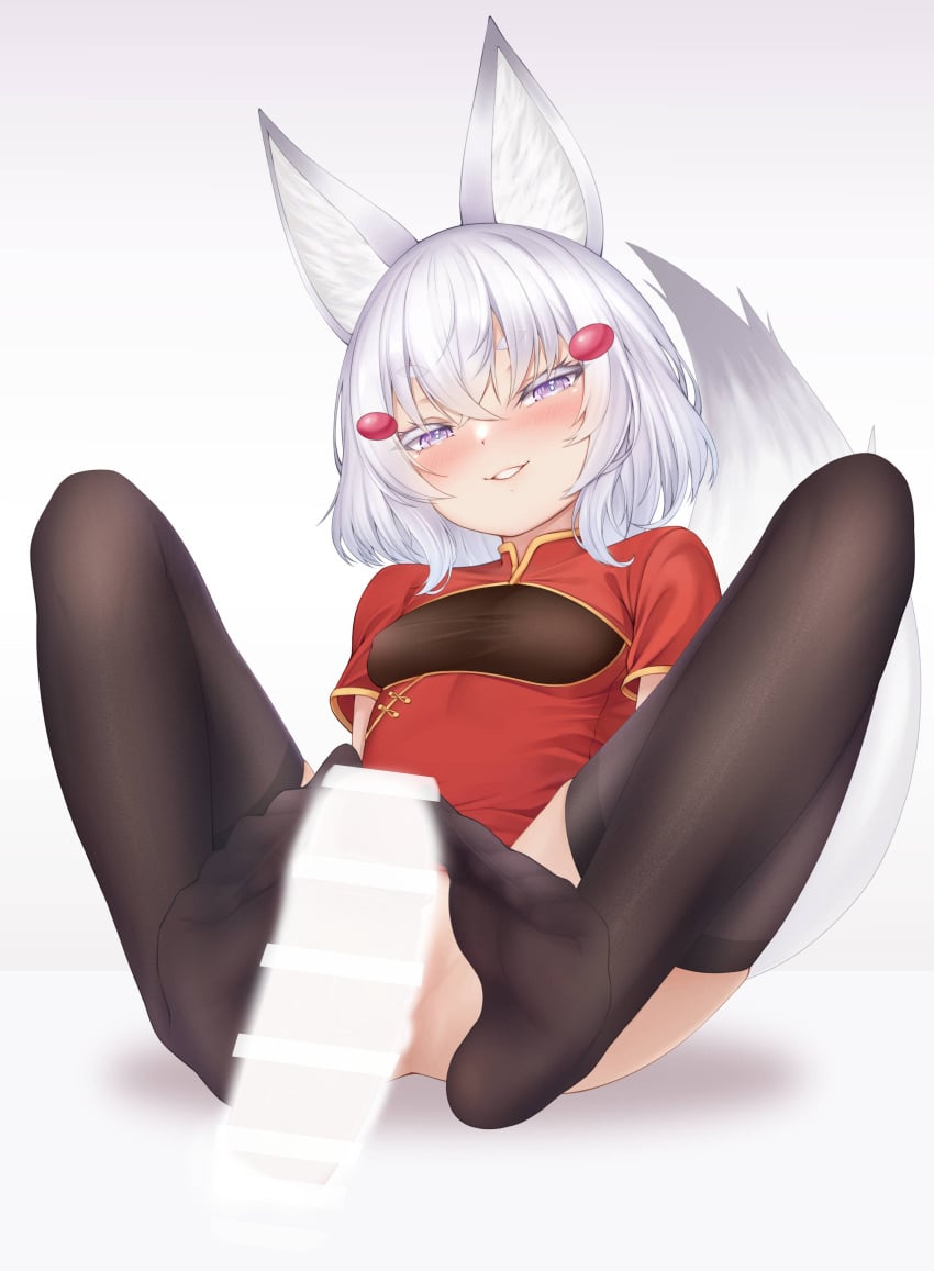 1boy 1girls bangs black_thighhighs blush censored china_dress disembodied_penis ear_tuft eyelashes feet female foot_fetish foot_fetish_with_legwear footjob footjob_with_legwear fox_ears fox_girl half-closed_eyes inner_ear_fluff john_zerowb light-skinned_female light_skin looking_at_viewer male_silhouette nopan penis_silhouette phase_connect phase_origins purple_eyes short_hair silhouette small_breasts smile smug spread_legs tenma_maemi thighhighs virtual_youtuber white_background white_eyelashes white_hair