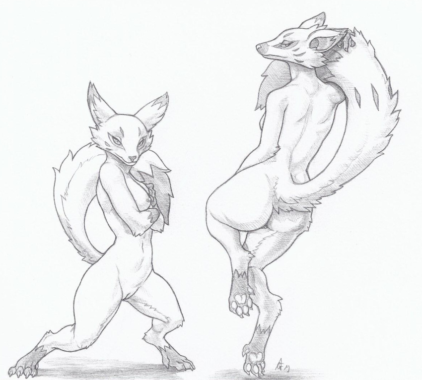 anthro ass breasts canid canine claws crestfallenartist digitigrade duo facial_markings female fox genitals head_markings mammal markings nipples nude pawpads paws pussy tail