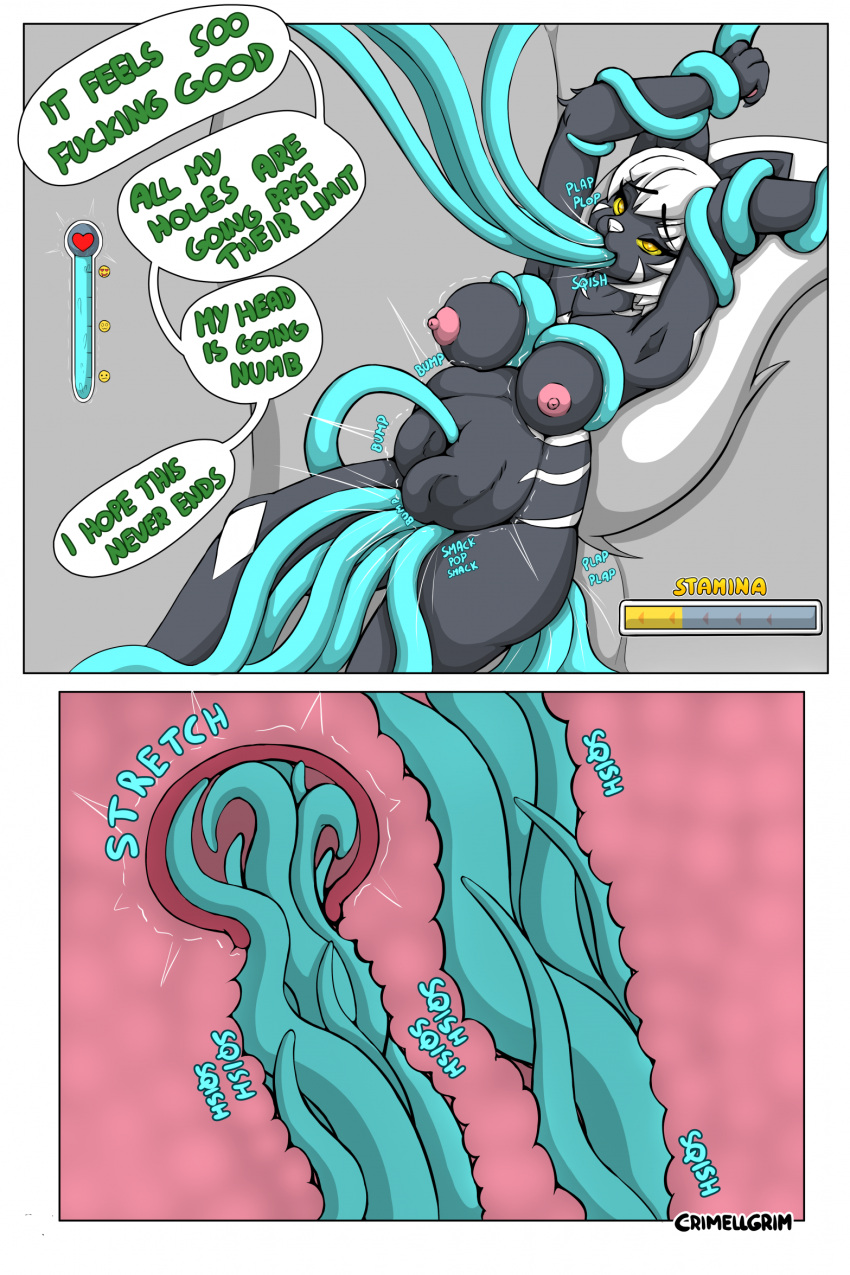 anthro bondage bound comic crimellgrim domestic_cat felid feline felis female female/female hi_res mammal navel_fetish navel_penetration penetration shiku_(character) solo_focus speech_bubble stomach_bulge tentacle tentacle_penetration