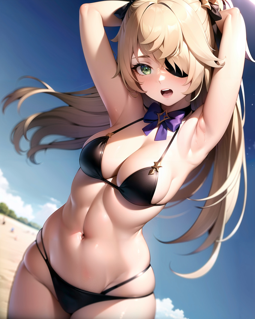 ai_generated armpits arms_behind_head arms_up bangs bare_shoulders beach bikini black_bikini blonde_hair blue_sky blush bow bowtie breasts cleavage cloud cowboy_shot day detached_collar eyepatch female fischl_(genshin_impact) genshin_impact green_eyes hair_ornament hair_over_one_eye hair_ribbon long_hair looking_at_viewer medium_breasts multi-strapped_bikini navel open_mouth outdoors purple_bow ribbon skindentation sky smile solo stable_diffusion stlow7 stomach string_bikini swimsuit thighs two_side_up