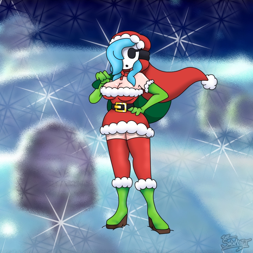 bag big_breasts big_hair blue_hair blue_hair_female boobs boots breasts breasts_out breasts_outside christmas christmas_clothing christmas_hat christmas_headwear christmas_outfit dress female female_only giant_breasts gloves green_boots green_gloves long_gloves long_hair mario_(series) mask masked masked_female massive_breasts no_bra no_panties pepsi_addict red_thighhighs rule_63 shy_gal shy_gal_mask slutty_clothing slutty_outfit thick thick_ass thick_hips thick_legs thick_thighs thigh_highs thighhighs thighs white_body white_panties