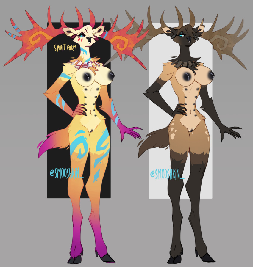 2023 anthro antlers areola ass big_breasts biped black_areola black_nipples black_nose black_pussy blue_eyes breasts brown_body cervine deer digital_drawing_(artwork) digital_media_(artwork) eyebrows eyelashes female fingers genitals hair hi_res hooves horn jewelry mammal megaloceros model_sheet multi_nipple multicolored_antlers multicolored_body nakala_(smooshkin) necklace nipples nude pose presenting presenting_breasts presenting_hindquarters presenting_pussy pussy seductive smooshkin solo tan_body