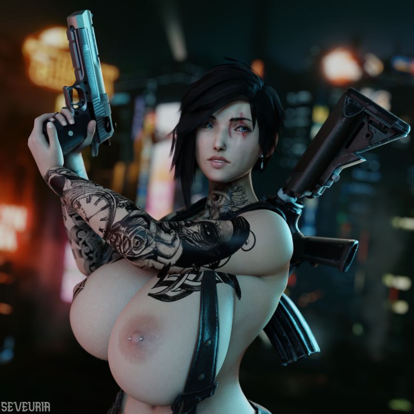 3d arazaki areolae ass assault_rifle black_hair blue_eyes breasts desert_eagle earrings eye_scar futanari gun gun_on_back huge_balls huge_breasts human intersex large_areolae large_breasts nipple_piercing nipples nose_piercing nude piercing pistol pose posing scar seveuria solo standing straps tattoo weapon