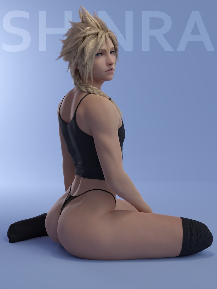 1boy 3d ass blonde_hair blue_eyes braid braided_hair cloud_strife crossdressing emberstock femboy final_fantasy final_fantasy_vii final_fantasy_vii_remake gay girly highleg kneesocks light-skinned_femboy light-skinned_male light_skin looking_at_viewer looking_back male male_only pretty_boy sitting solo tank_top thong trap twink yaoi