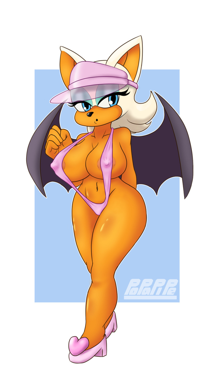 9:16 anthro areola areola_slip bat bat_wings big_breasts bikini blue_eyes breasts clothed clothing covered_nipples curvy_figure female fist fur hat headgear headwear hi_res mammal membrane_(anatomy) membranous_wings orange_body orange_fur popapipe rouge_the_bat sega short_stack skimpy sling_bikini solo sonic_(series) sonic_the_hedgehog_(series) swimwear thick_thighs visor_cap voluptuous white_body white_fur wings