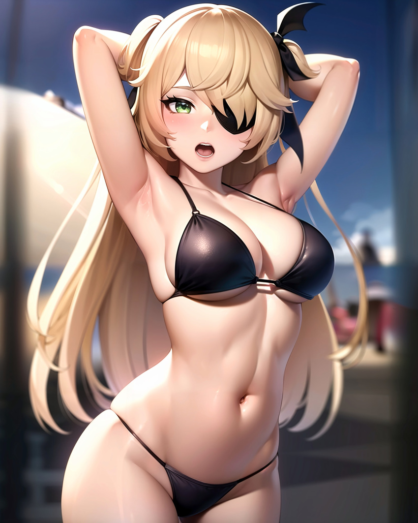 ai_generated armpits arms_behind_head arms_up bangs bare_arms bare_shoulders bikini black_bikini black_ribbon blonde_hair blush breasts cameltoe cleavage collarbone cowboy_shot eyepatch female fischl_(genshin_impact) genshin_impact green_eyes hair_over_one_eye hair_ribbon halterneck long_hair looking_at_viewer medium_breasts multi-strapped_bikini navel o-ring o-ring_bikini oerba_yun_fang one_eye_covered open_mouth outdoors ribbon skindentation smile solo stable_diffusion standing stlow7 stomach string_bikini swimsuit thigh_gap thighs two_side_up very_long_hair