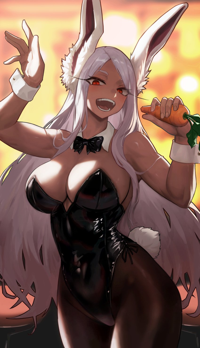 :d animal_ears arc2urus bangs bare_shoulders black_bow black_bowtie black_leotard black_pantyhose blurry blurry_background bow bowtie breasts bunnysuit carrot cleavage clothing_cutout covered_navel dark-skinned_female dark_skin detached_collar female food hand_up highleg highleg_leotard highres holding holding_food holding_vegetable large_breasts latex leotard long_eyelashes long_hair looking_at_viewer miruko my_hero_academia open_mouth pantyhose parted_bangs playboy_bunny rabbit_ears rabbit_girl rabbit_tail red_eyes rumi_usagiyama shiny_clothes side-tie_leotard smile solo strapless strapless_leotard tail tail_through_clothes teeth thighs tight_clothing toned traditional_bowtie vegetable very_long_hair white_hair wrist_cuffs