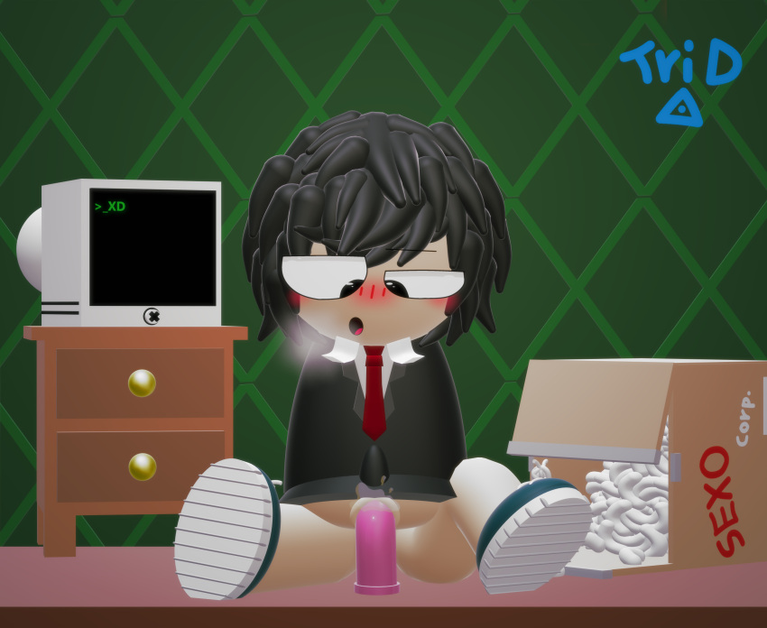 3d black_eyes black_hair black_suit blushing_profusely box computer cum cum_in_pussy dave_and_bambi_mod desk dildo dildo_in_pussy elgodspid eyes_half_open green_wall monroe_(nicemonroe) open_box open_mouth piada_art sex_toy solo vaginal