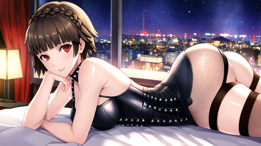 1girls ai_generated arched_back bed bedroom brown_hair city city_background cityscape corset curtains curtains_open detailed_background fishnets hairband head_on_hand lamp leaning_on_elbow legwear leotard lingerie looking_at_viewer lying lying_down lying_on_bed lying_on_stomach makoto_niijima night partially_clothed persona persona_5 red_curtains red_eyes seductive short_hair sky slight_blush smile spiked_collar spikes starry_background starry_sky teenager thick_thighs thighhighs