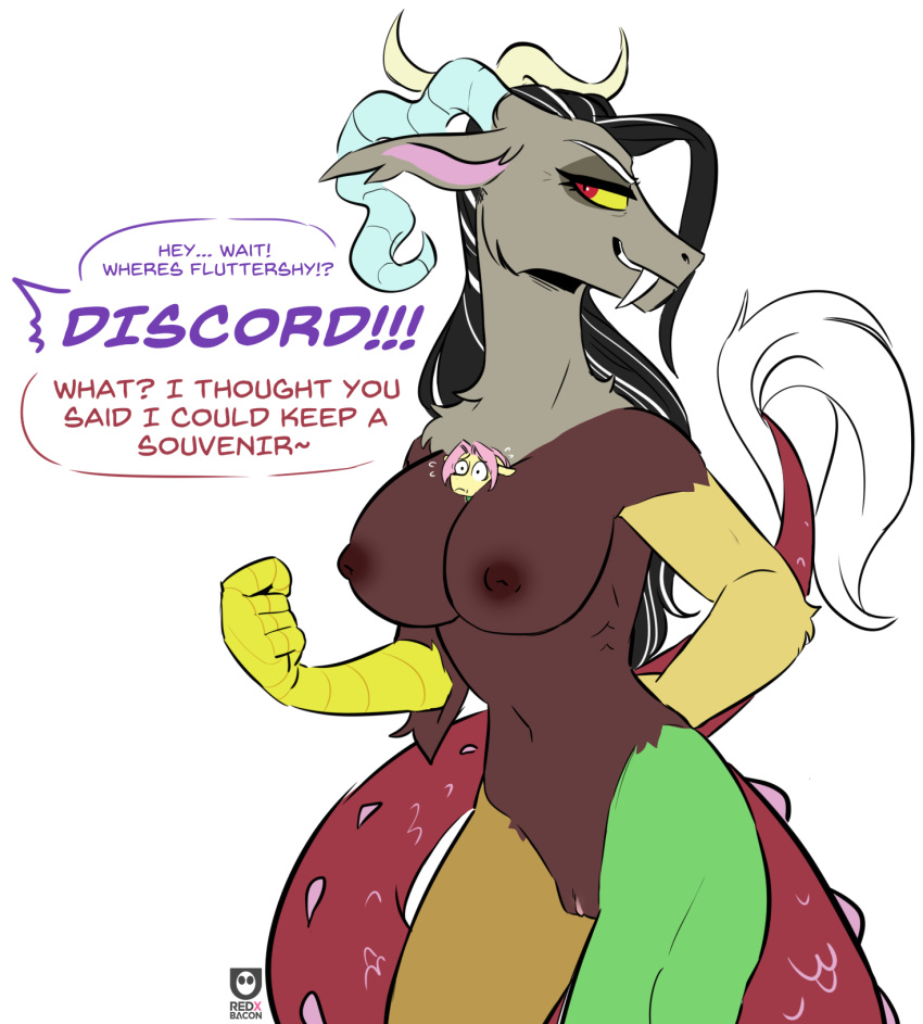 anthro anthrofied antlers areola between_breasts black_hair breasts dialogue discord_(mlp) draconequus english_text equid equine fangs female fluttershy_(mlp) friendship_is_magic ftm_crossgender genitals hair hasbro hi_res horn male mammal mtf_crossgender my_little_pony nipples nude pink_hair pussy red_eyes redxbacon rule_63 straight_hair teeth text