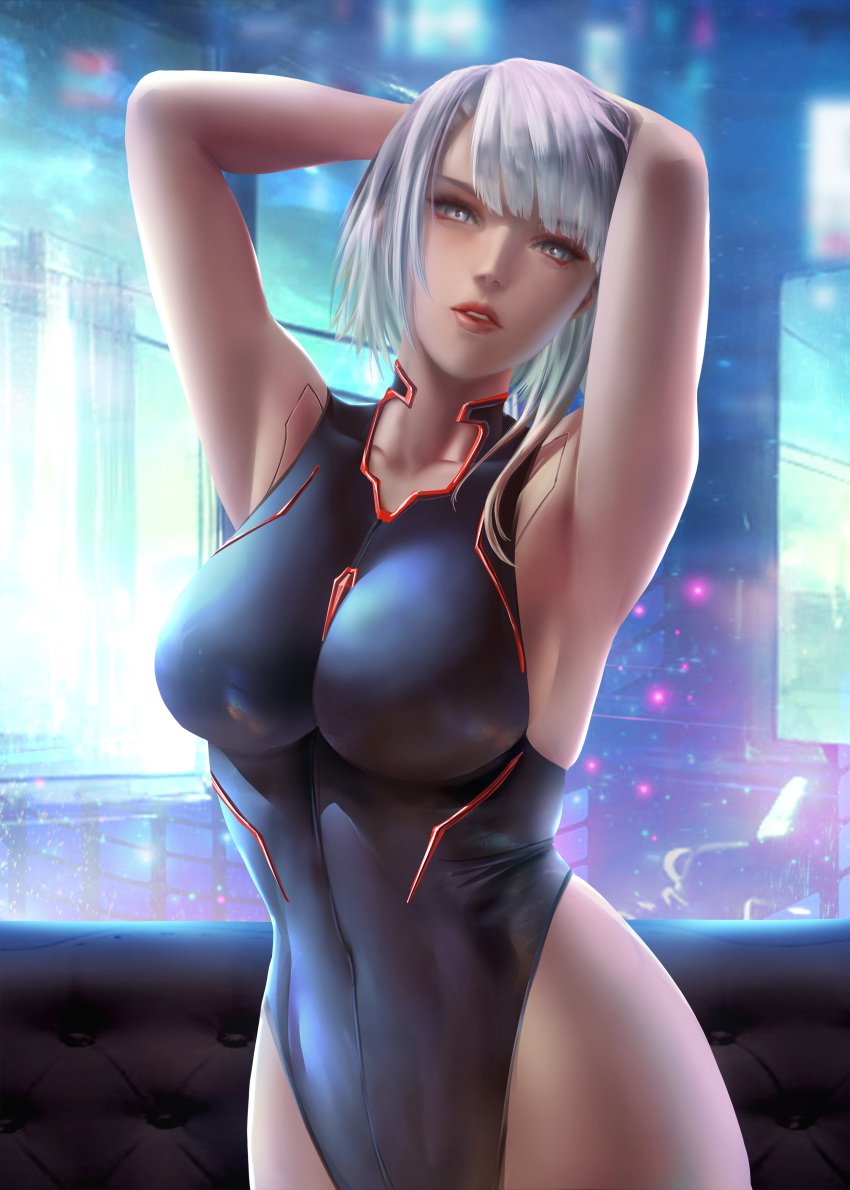 1girls armpits arms_up ass ass_focus big_ass big_breasts cd_projekt_red cyberpunk:_edgerunners cyberpunk_(series) cyberpunk_2077 female female_only latex light-skinned_female lucyna_kushinada studio_trigger yoellim5