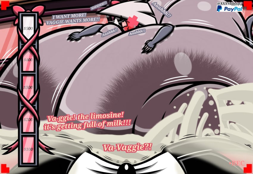 2girls ass_expansion breast_expansion charlie_morningstar_(hazbin_hotel) demon demon_girl excessive_lactation female_pov first_person_view growth_drive hazbin_hotel huge_ass huge_breasts hyper hyper_breasts immobile lactating lactation long_hair massive_ass massive_breasts milk pov vaggie_(hazbin_hotel) valerya5 yuri