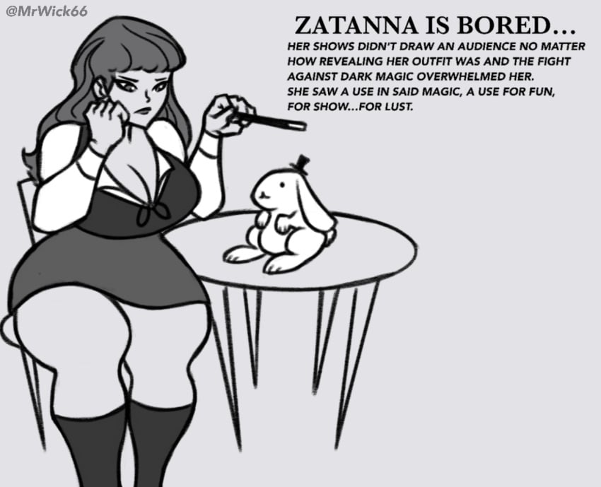 1girls big_breasts big_butt black_and_white black_hair blue_eyes breast breasts busty comic comic_page curvy dc dc_comics english_text female female_focus female_only green_eyes hips justice_league milf monochrome mrwick solo text voluptuous wide_hips zatanna zatanna_zatara