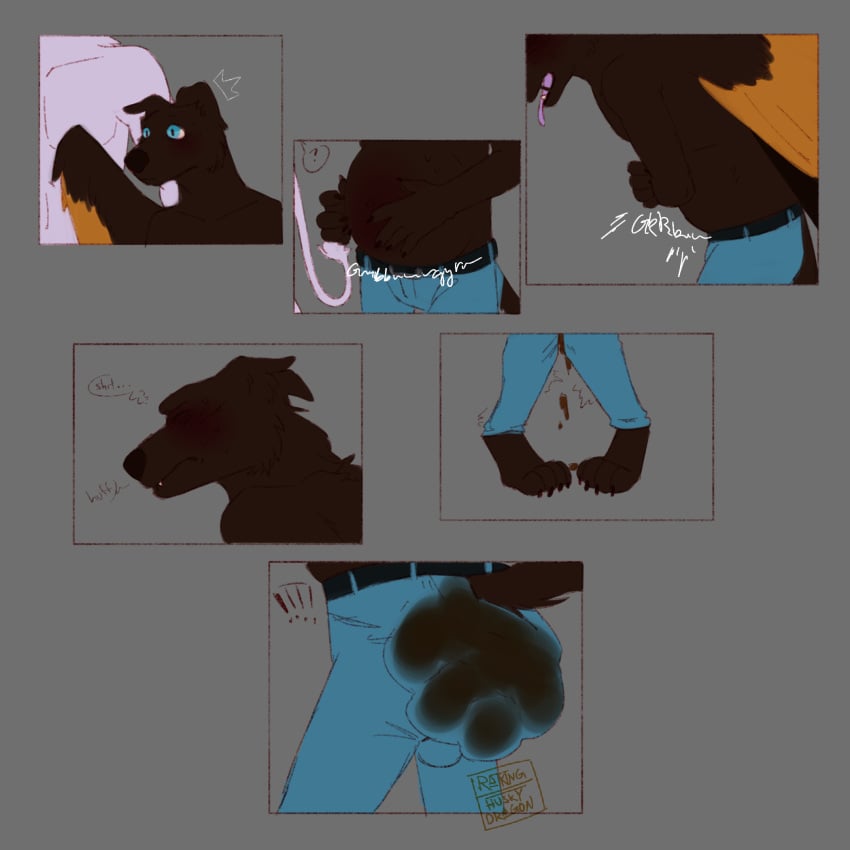 anthro bottomwear breath brown_body brown_fur canid canine closed_eyes clothing denim denim_clothing duo feces feces_in_clothing fur gay gordon_(thehuskydragon) hi_res jeans male mammal panting pants rumbling_stomach scat soiling stomach_bulge thehuskydragon