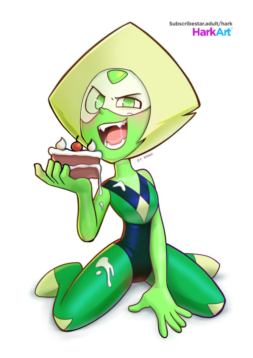 1girls blush cake cartoon_network cute food fully_clothed green_eyes green_skin harkart open_mouth peridot_(steven_universe) saliva sharp_teeth small_breasts solo steven_universe suggestive suggestive_fluid suggestive_food yellow_hair