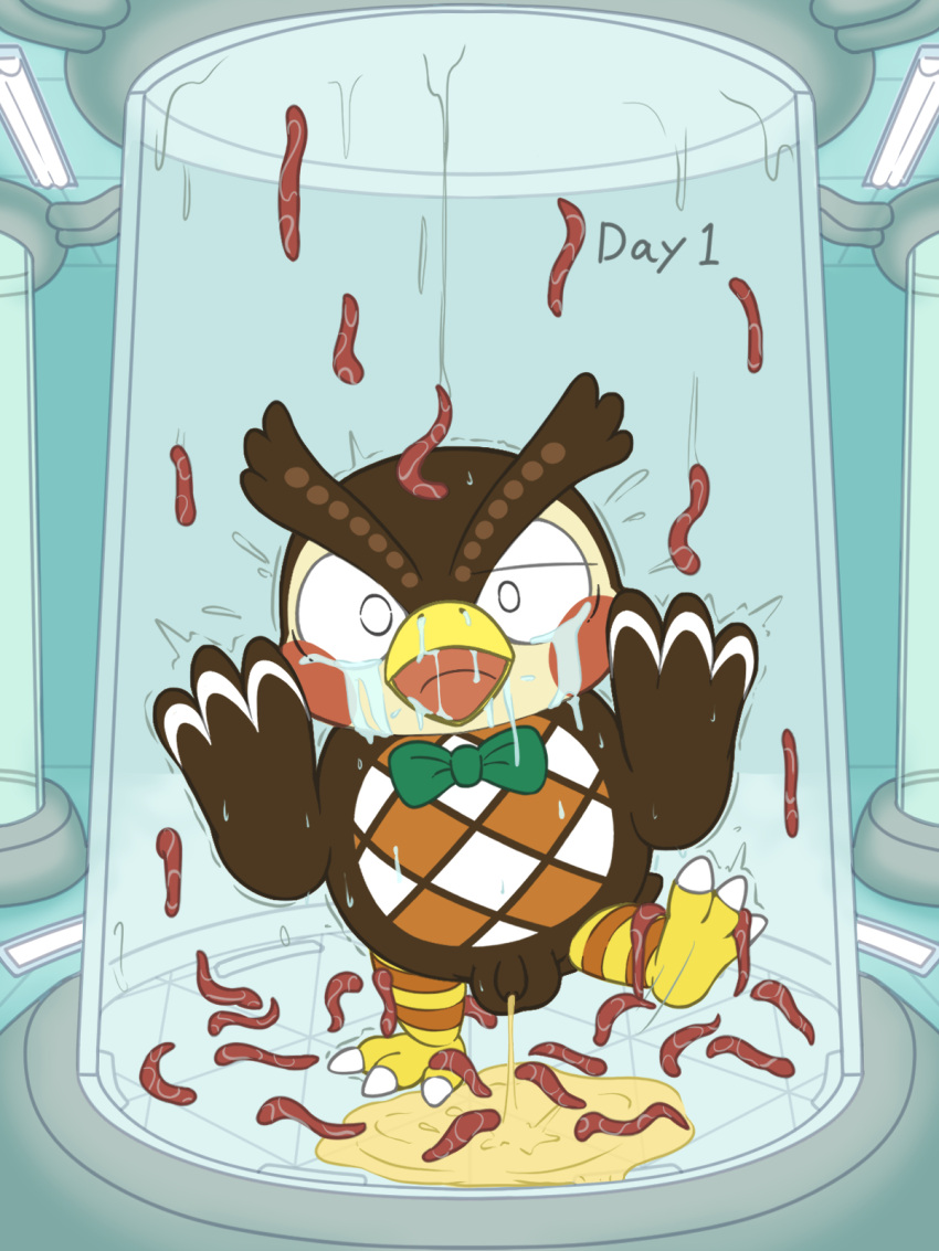 2021 3_toes animal_crossing anthro avian balls beak bird blathers_(animal_crossing) bodily_fluids body_invasion bow_tie bow_tie_only brown_body brown_feathers crying distressed feathers feet flaccid front_view genital_fluids genitals hi_res inside laboratory male mostly_nude nintendo open_mouth owl peeing penis reuben_(artist) solo standing tears text toes urine urine_pool worm