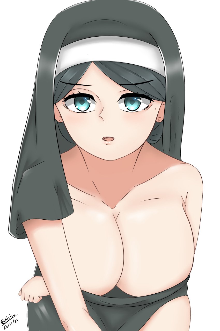 bare_shoulders beauty_mark big_breasts black_clover black_hair blue_eyes cleavage eyebrows_visible_through_hair female female_human hanging_breasts hi_res highres human kirisu light-skinned_female light_skin looking_at_viewer mature mature_female mole mole_under_eye nun nun's_habit sister_lily_aquaria solo