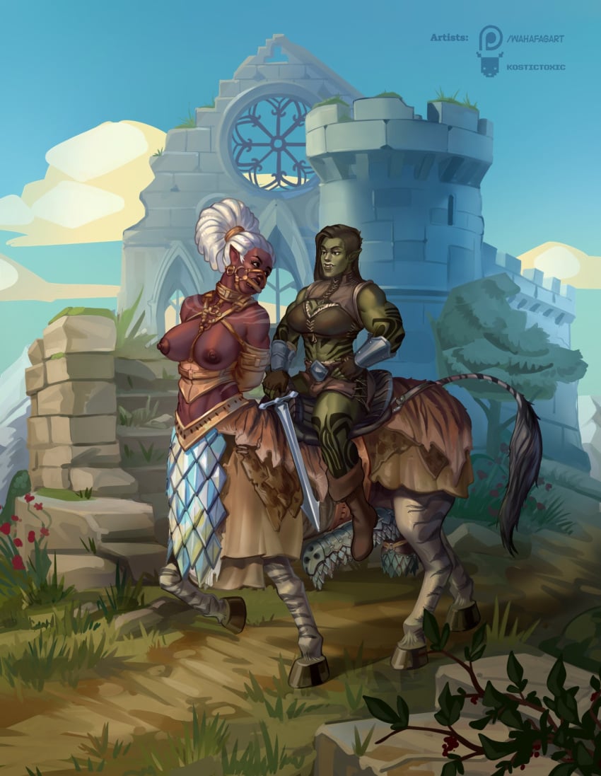 2girls armored black_hair centauress dark-skinned_female dark_skin green_skin kostic_toxic multiple_girls muscular muscular_female orc orc_female pointy_ears riding ruins saddle sword tagme tusks white_hair