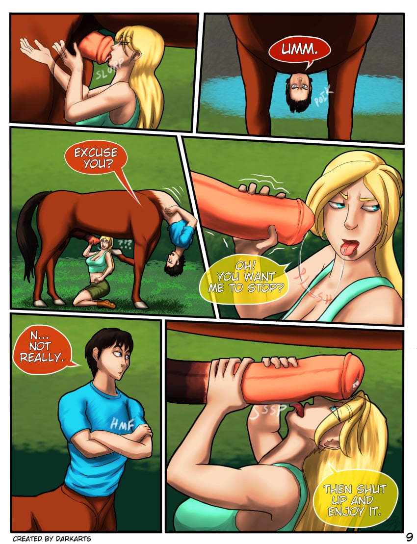 absurd_res animal_genitalia animal_penis blonde_hair centaur comic duo english_text equid equid_taur equine_genitalia equine_penis fellatio female genitals hair hi_res humanoid_taur male male/female mammal mammal_taur oral page_9 penile penis sex taur text thed4rk1ord transformation