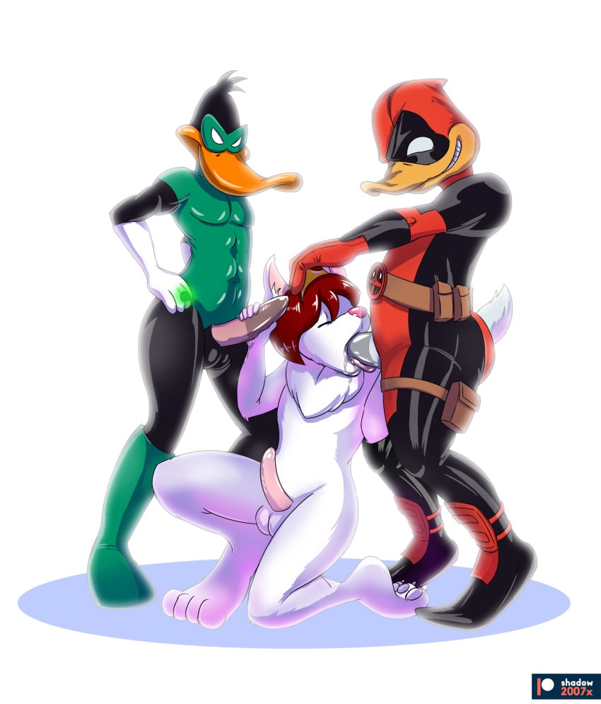 2017 3boys absurd_res artist_name black_feathers blowjob commission crossover daffy_duck dc dcau deadpool deadpool_the_duck digital_media_(artwork) duck duck_dodgers furry furry_only fuyu_graycen gay green_lantern green_loontern hybrid latex latex_suit looney_tunes marvel marvel_comics mask masked masked_male oral original penis saliva shadow2007x spandex superhero threesome uncensored white_background white_fur yaoi