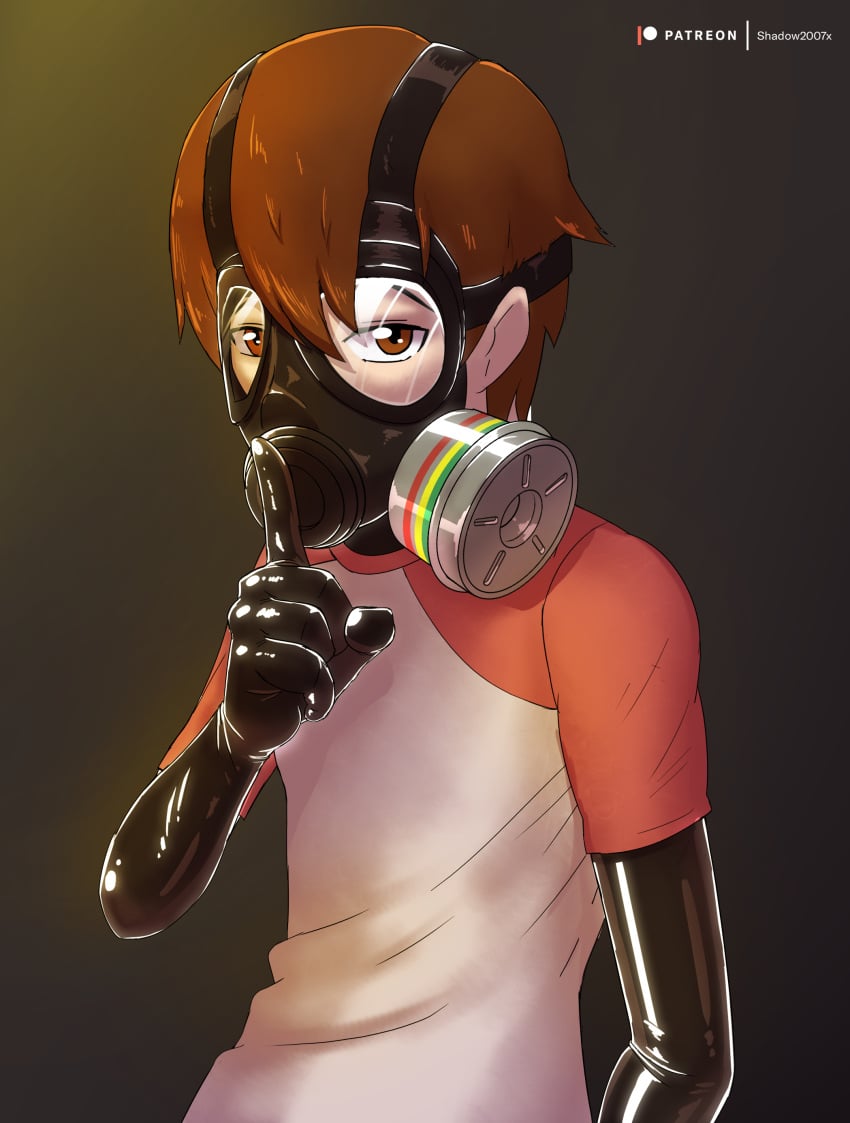 1boy 2019 absurd_res brown_eyes brown_hair color commission digital_media_(artwork) gas_mask half_body latex latex_suit latex_under_clothing light-skinned_male light_skin lila_lovestar_(sinfulwalpurrgis) original shadow2007x t-shirt