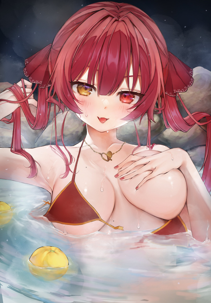 absurdres arm_up armpits bangs bikini blush breasts collarbone commentary_request deep_skin eyelashes female floating floating_object hair_ribbon hand_up haruzawa_1121 heterochromia highres hololive hololive_fantasy hololive_japan houshou_marine jewelry large_breasts long_hair looking_at_viewer mole nail_polish necklace night night_sky oerba_yun_fang official_alternate_costume one_breast_out onsen open_mouth orange_eyes outdoors partially_submerged red_bikini red_eyes red_ribbon ribbon rock shiny_skin sidelocks sky solo swimsuit tongue twintails upper_body virtual_youtuber wardrobe_malfunction wet