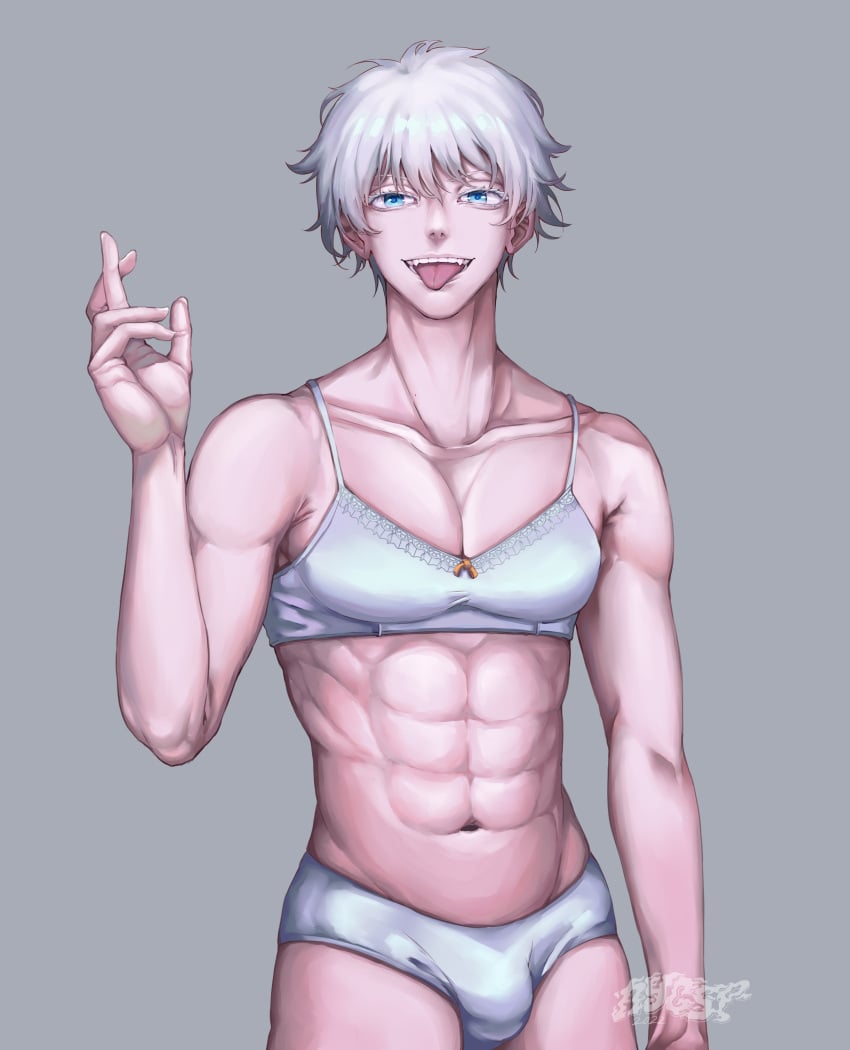 1boy absurdres blue_eyes bra bulge hand_up highres jujutsu_kaisen male_focus male_only nyungsep satoru_gojo short_hair smile solo solo_male tongue tongue_out underwear white_hair