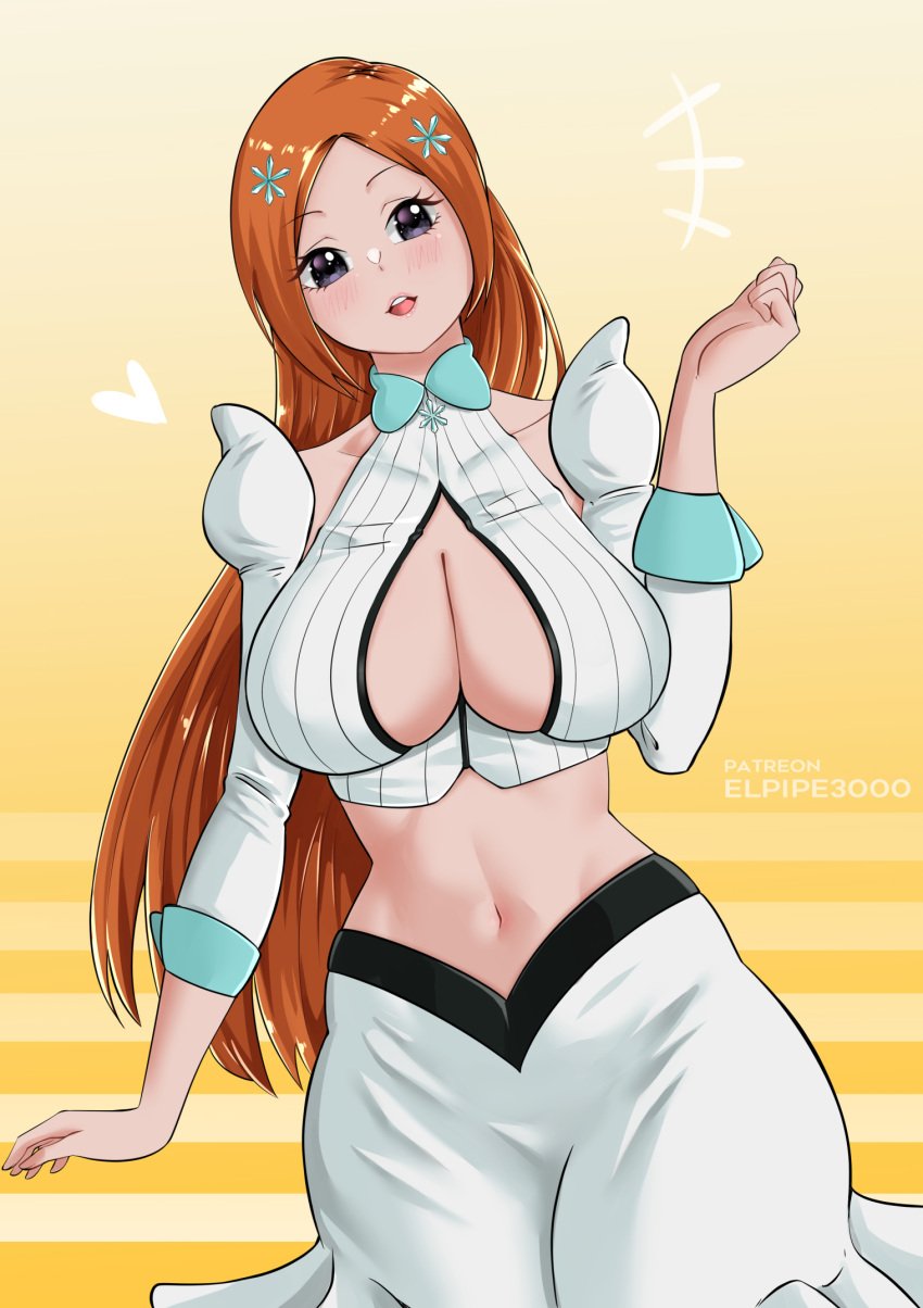 big_breasts bleach bleach:_the_thousand-year_blood_war breasts busty cleavage crop_top dress elpipe3000 female highres huge_breasts inoue_orihime large_breasts orange_hair revealing_clothes shoulder_pads solo