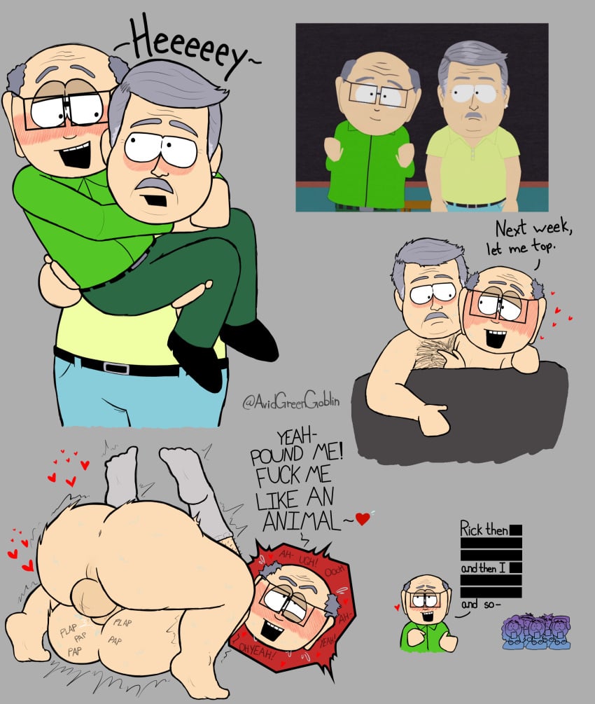 2boys anal_penetration anal_sex artist_name avidgreengoblin balding blush boyfriends boyfriends_fucking canon_couple carrying_partner character_name chest_hair facial_hair first_porn_of_character flying_sweatdrops gay gay_anal gay_sex glasses gray_hair hearts mating_press mature_male mr_garrison mustache pleasure_face reference_image rick_(south_park) socks south_park swearing sweat sweating talking talking_to_another talking_to_partner text thrusting_into_ass toony yaoi