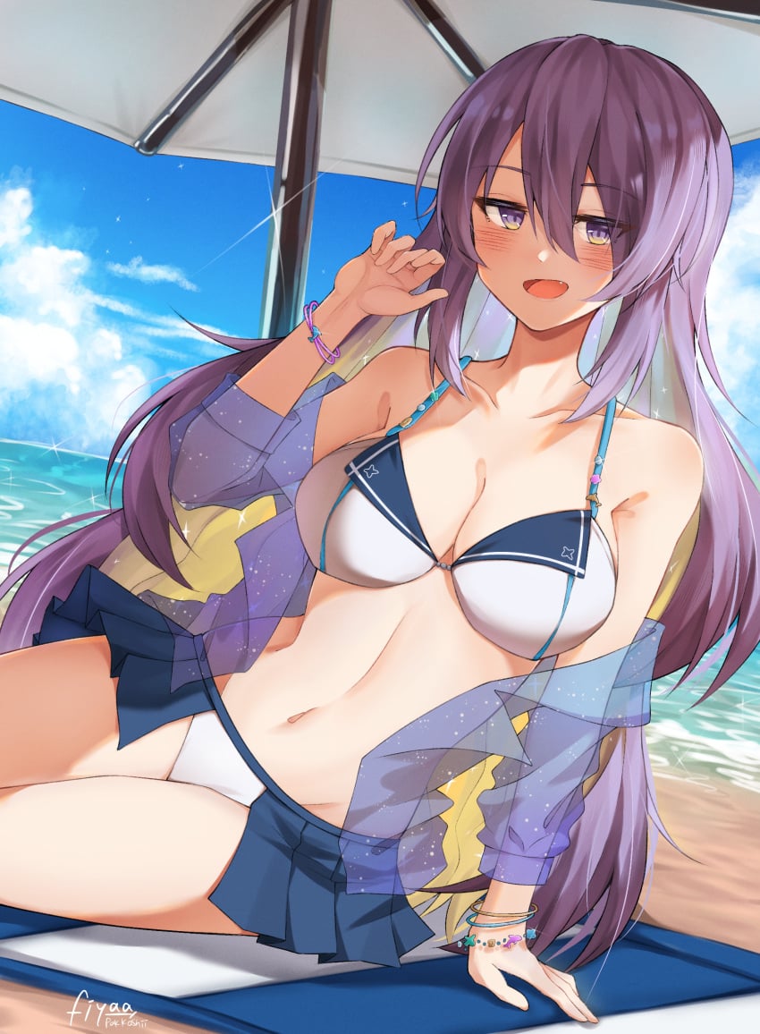 absurdres artist_name bare_shoulders beach beach_towel beach_umbrella bikini bikini_skirt blonde_hair blush bracelet breasts collarbone colored_inner_hair female fiyaa_(pakkoshii) hair_between_eyes highres hololive hololive_indonesia hololive_indonesia_area_15 jewelry large_breasts long_hair looking_at_viewer moona_hoshinova multicolored_hair navel ocean oerba_yun_fang off_shoulder open_mouth outdoors purple_eyes purple_hair see-through sidelocks signature sitting smile starry_hair stomach swimsuit towel two-tone_hair umbrella virtual_youtuber water