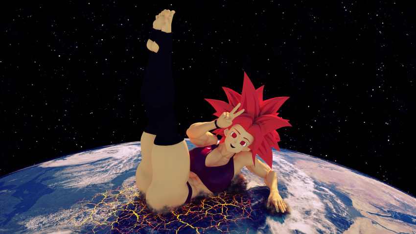 1girls 3d 3d_(artwork) abs destruction dragon_ball dragon_ball_super earth exercise giantess giga_giantess kamicamie kefla kneehigh_socks muscular_female peace_sign planet planetary planetary_destruction planetary_macro red_eyes red_hair space sports_bra sportswear stockings super_saiyan_god training