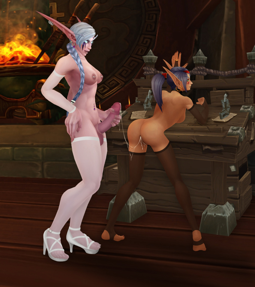 1futa 1girls 3d after_sex anus barbell_piercing bent_over black_hair blizzard_entertainment blood_elf choker cum cum_in_ass cum_inside cum_string dew_(shikron) futanari green_eyes high_heels interspecies large_ass large_penis night_elf nipple_piercing original_character purple_skin pussy shikron stockings warcraft white_hair world_of_warcraft